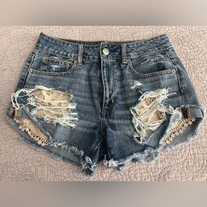 American Eagle High Rise Lace denim beige Festival Shorts size 6